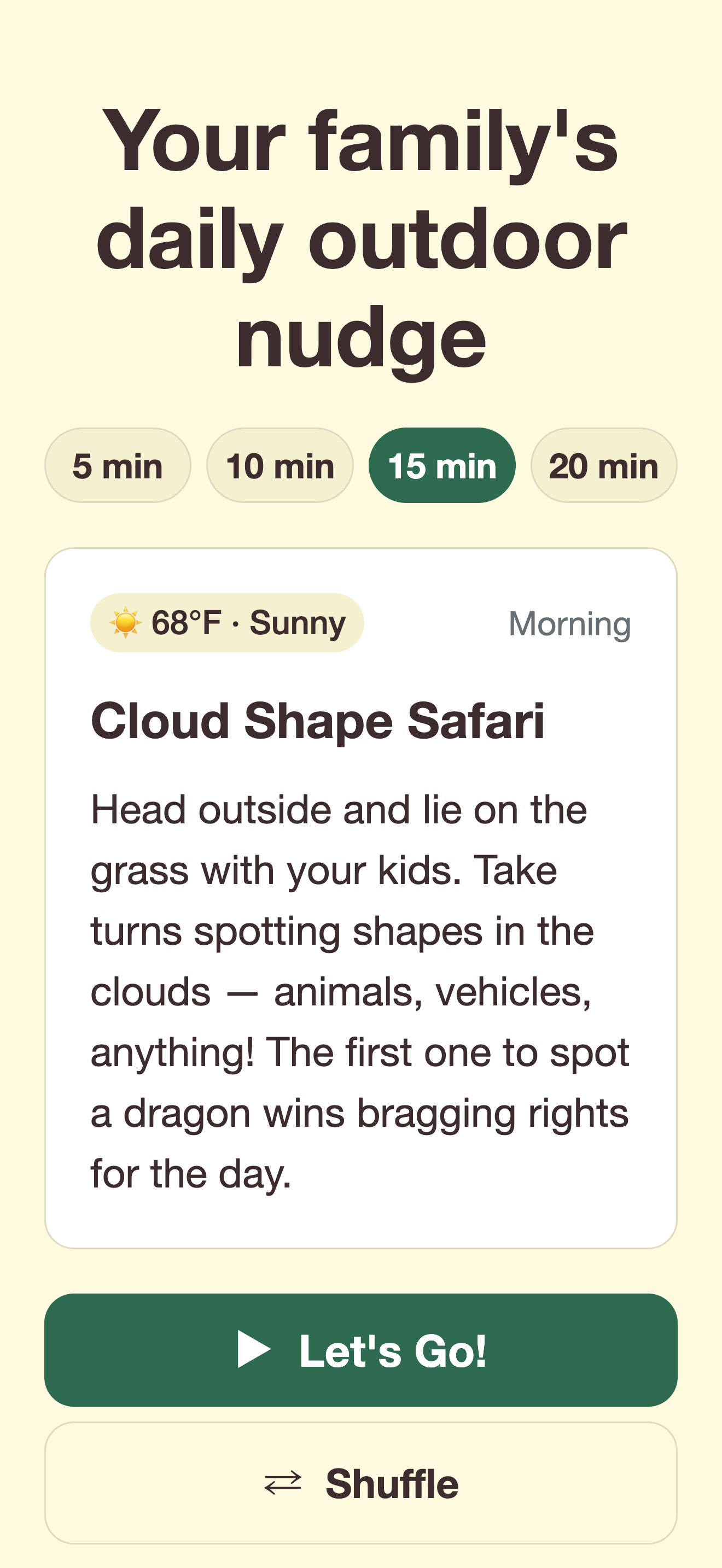 Underpebble app showing today's outdoor adventure idea for kids